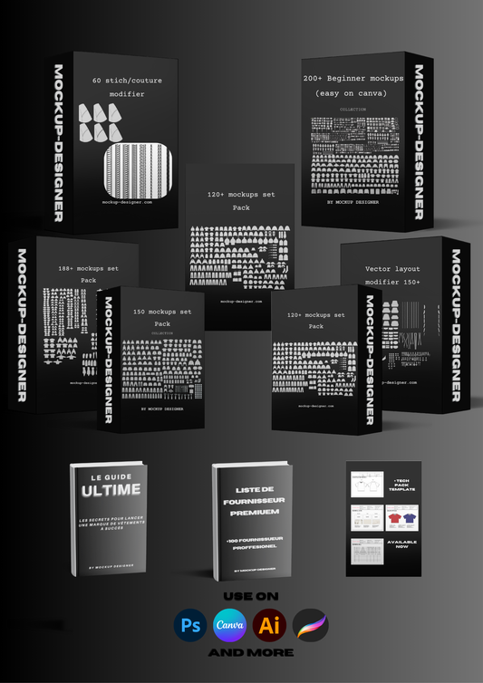 Super pack tout en 1 - 1000 mockups - Tech pack template - Liste de fournisseur - Guide