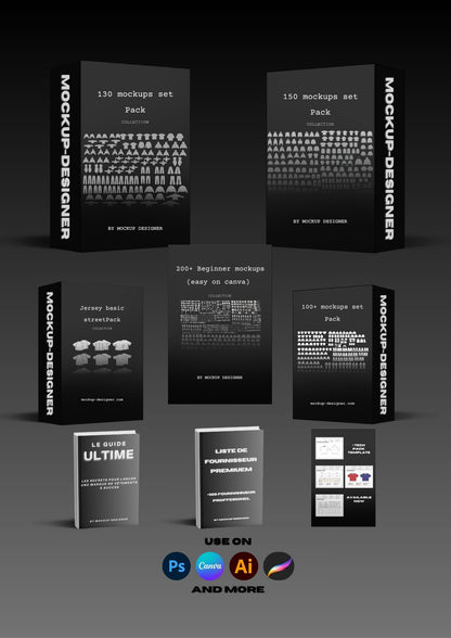 Super pack tout en 1 - All mockups - Tech pack template - Liste de fournisseur - Guide