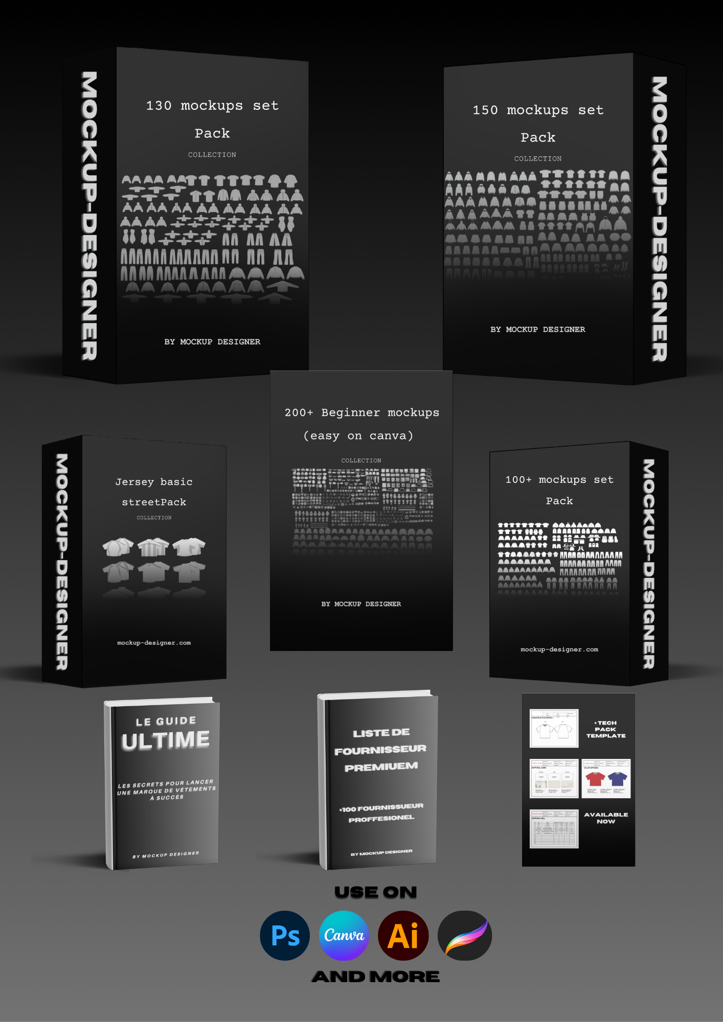 Super pack tout en 1 - All mockups - Tech pack template - Liste de fournisseur - Guide