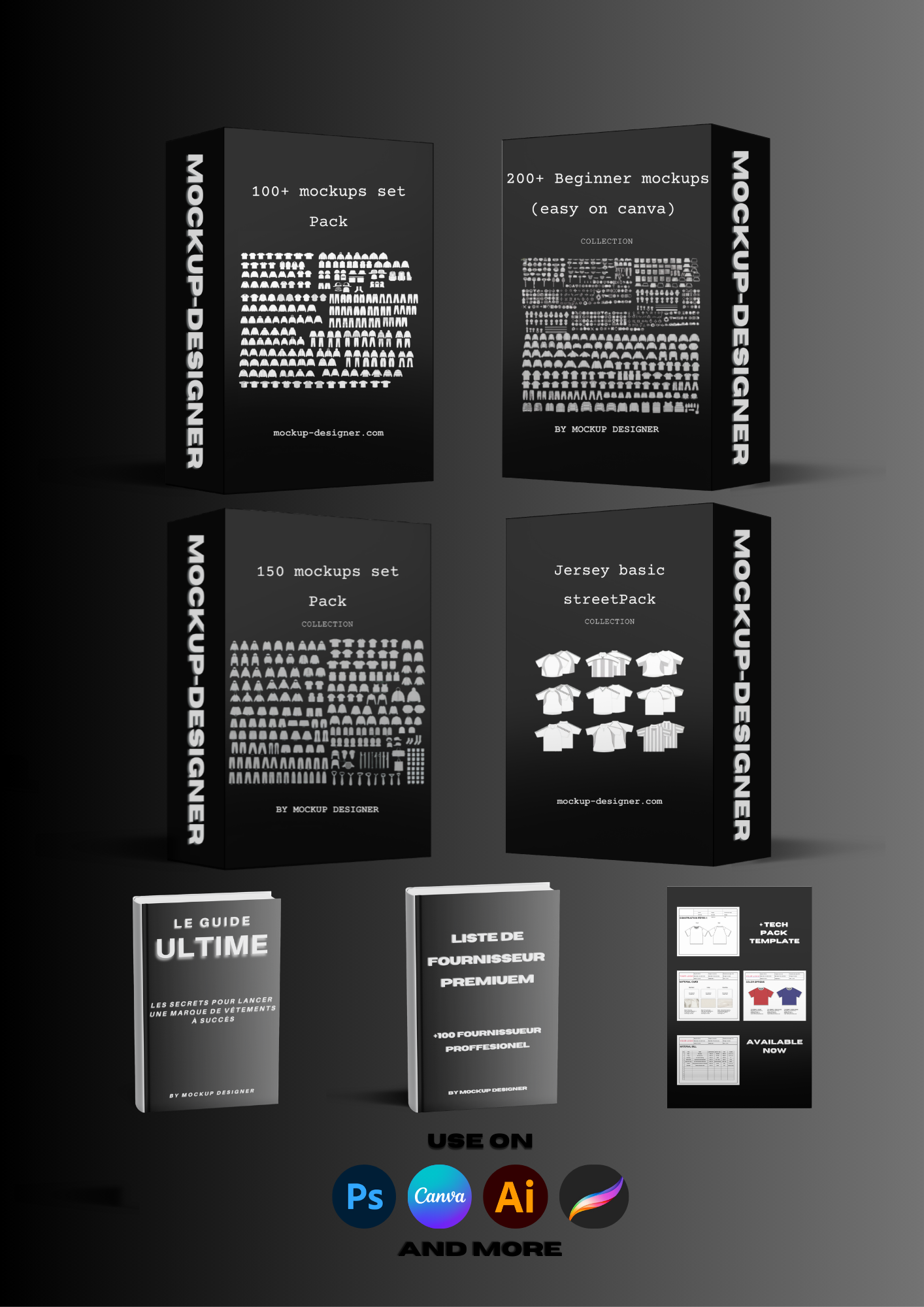 Super pack tout en 1 - All mockups - Tech pack template - Liste de fournisseur - Guide